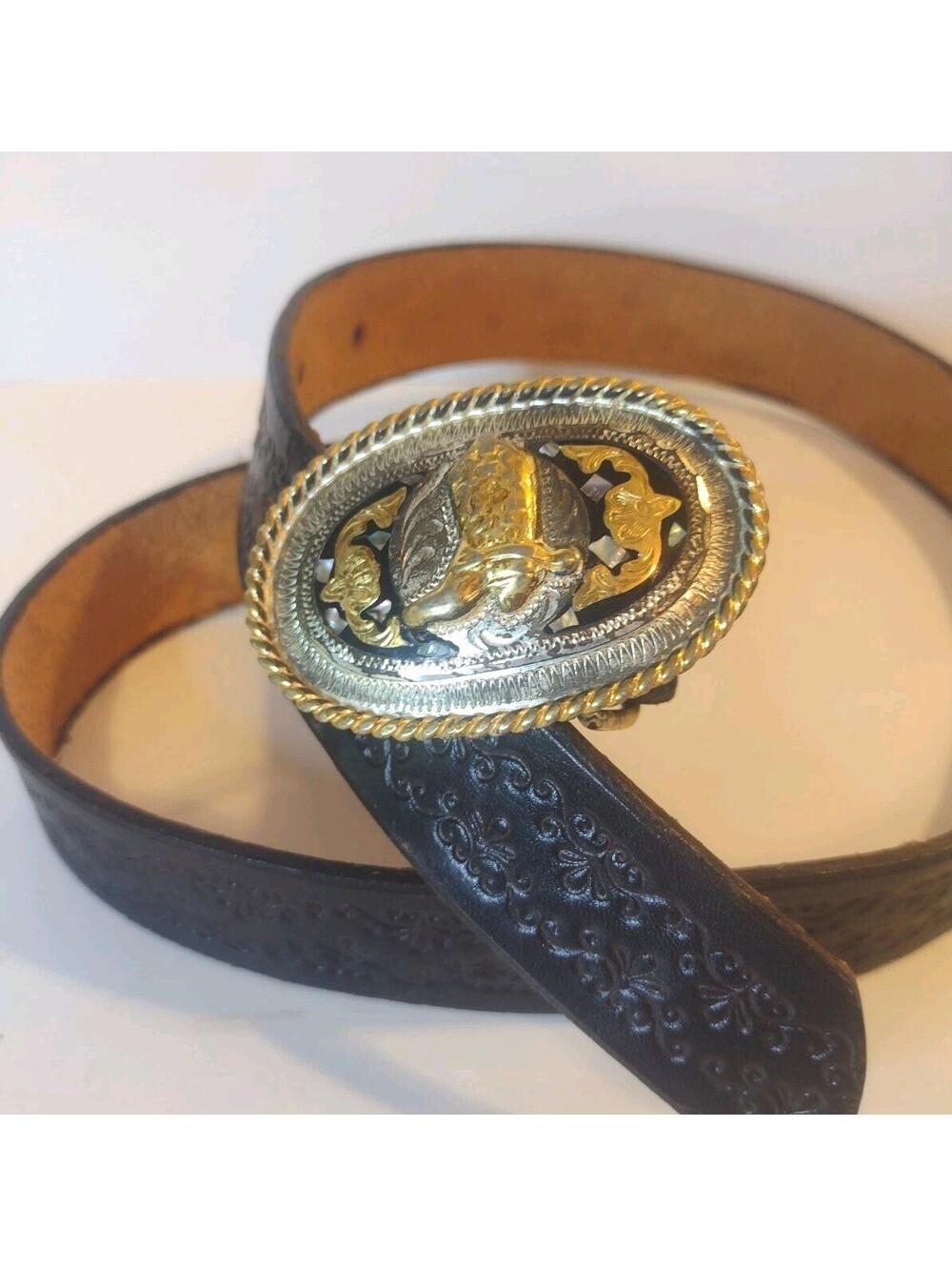 Vintage 70s Hand Tooled Leather Belt Alpaca Mexico Cowboy Boot Buckle Western